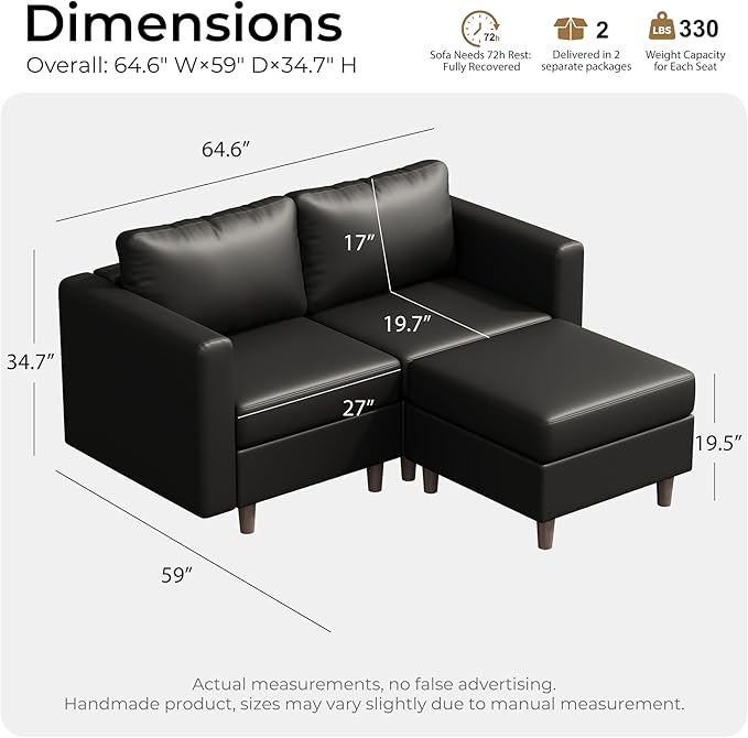 ABCASA Modular Sectional Loveseat Sofa Couch with Storage Seats 3 Seater L Shaped Couch with Movable Ottoman for Small SpacesBlack