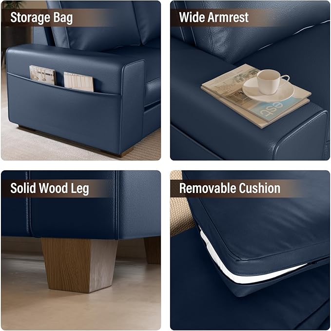 Faux Leather Couch Mid Century Modern Comfy Loveseat Sofa with Wide Arm Side Pockets Solid Wooden Frame for Office Living Room and Bedroom 3 Seater (Blue 88.58 inches)