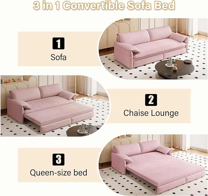 3 in 1 Convertible Queen Sleeper Sofa Bed Comfy Pull Out Futon Couch Bed 66 Modern Velvet Recliner Loveseat Sofa Multi-Functional Pink Cloud Couch for Living RoomApartmentOffice (Pink 66)