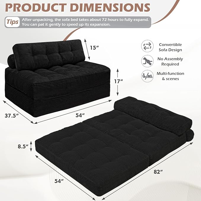 Folding Sofa Bed Convertible Sleeper Chair with Pillow &amp Handle Foldable Mattress Futon Chair Bed Lounge with Back Support Comfy Floor Sofa for Living Room Bedroom Black Full