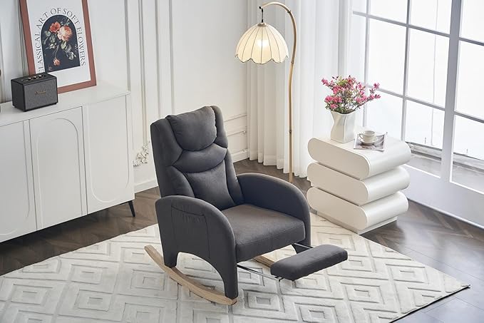 Rocking Chair with Foot Rest Nursery Glider Teddy Gliding Rocking Chair with Retractable Footrest Rubber Wood Legs Side Pocket High Back &amp Wide Seat Nursing Chair for Living Room (Drak Gray)