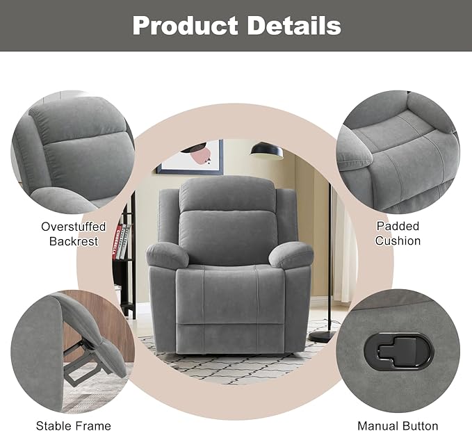 2Pcs Manual Rocker Recliner Chair Comfy Short Plush Glider Rocking Recliner with Overstuffed Lumbar Support Upholstered Reclining Sofa Chair for Living Room Grey