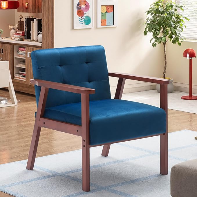 Anwick Mid-Century Accent ChairModern Velvet Living Room Chair with Solid Wood FrameComfy Armchair Lounge Reading Chairs for Bedroom Office Small Spaces (Blue)
