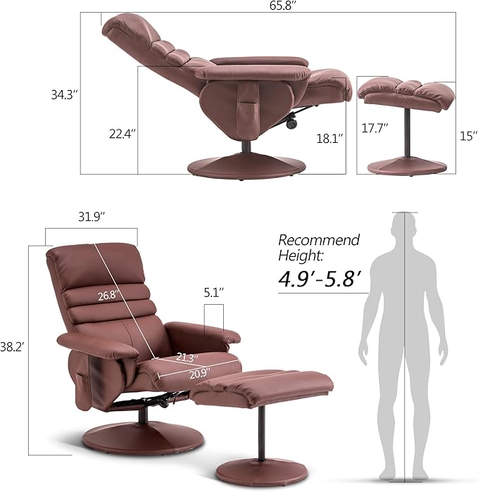 MCombo Recliner Chair with Ottoman Swivel Living Room Chairs Faux Leather Reclining Chair with Massage 7902 (Light Brown)