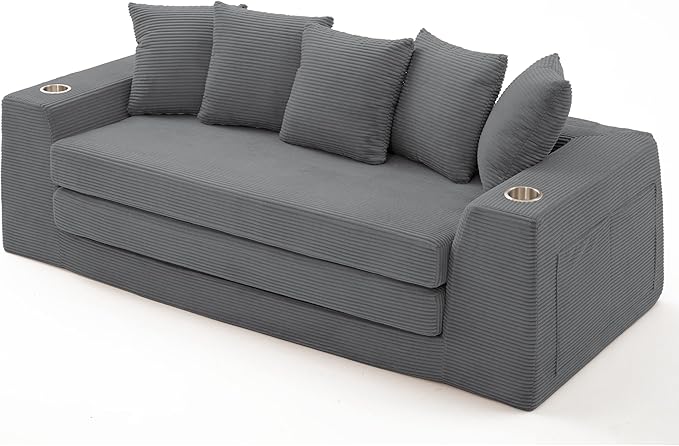 82'' Convertible Sofa Bed 2-in-1 Boneless Sleeper Sofa with Cup Holder &amp Pocket Corduroy Loveseat Sleeper Couch with 5 Pillows Pull Out Couch for Living Room Bedroom (Dark Grey)