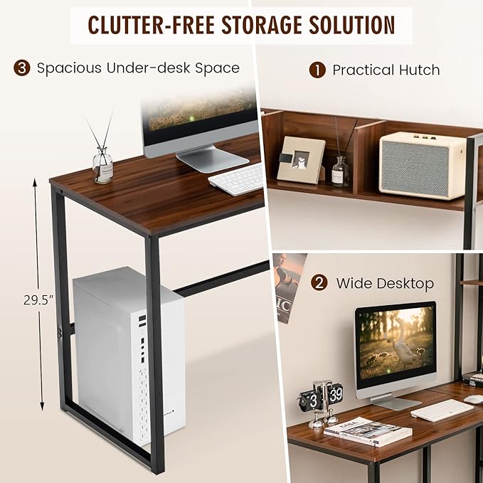 MEDIMALL L-Shaped Desk w/Storage Shelf Reversable Corner Desk Game Table w/Sturdy Metal Frame Multifunctional Computer Desk for Home Office (Walnut)