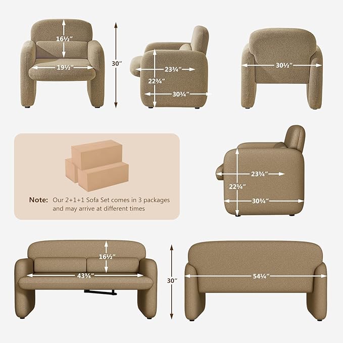 Furnimart Modern Loveseat &amp 2 Accent Chairs Set 3 pcs Sofa Set for Living Room Two Seater Couch with 2 Armchairs Comfy Upholstered Boucle Sofa Small Couches for Apartment Office Chenille Bro