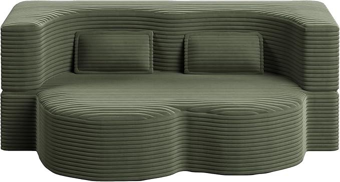 78 Futon Sofa Bed 2-in-1 Foldable Floor Sleeper Sofa Convertible Corduroy Curved Loveseat with 2 Pillows Full Mattress Bed Upholstered Boneless Couches for Living Room Apartment Green