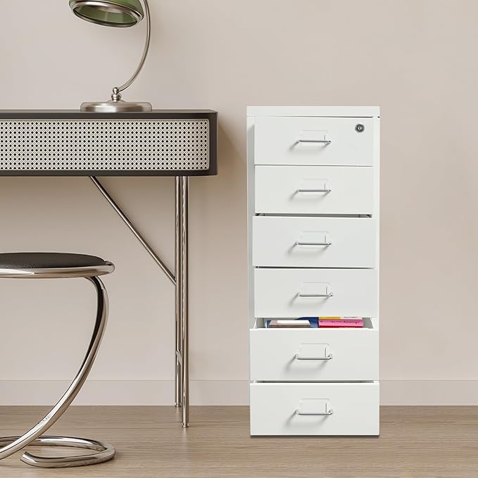 6 Drawers Mobile File Cabinet Rolling Vertical Filing Cabinet Under Desk Storage Organization 16 D x 11 W x 27 H (White)