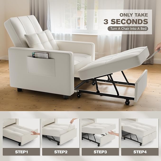 JUMMICO Sleeper Chair 3-in-1 Convertible Sleeper Sofa Bed for Adults Linen Fabric Pull Out Chair Bed with Adjustable Backrest Couches for Living Room Apartment Office Small Space (Beige)