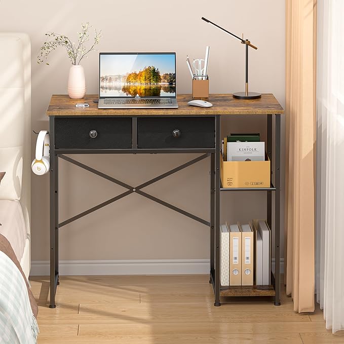 Small Computer Desk 36 Inch Writing Desk with Drawers &amp Storage Shelves Home Office Writing Desk for Small Spaces Bedroom Living Room Dorm Rustic Brown