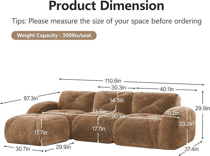 110-Inch Cloud Sectional Couches L-Shaped 4 Seat Boneless Modular Sofa with Ottoman Velvet Tufted Upholstered Boneless Couch Floor Full Foam Sofas for Living Room