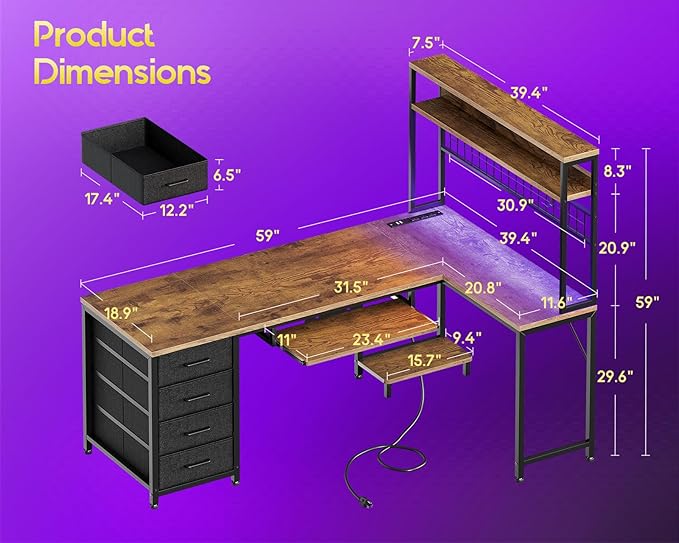 AODK 59 Inch L Shaped Desk with 4 Drawers Gaming Desk with Led Lights &amp Power Outlets Computer Desk with Pegboard Reverisble Home Office Desk with Storage Shelves &amp CPU Stand Vintage