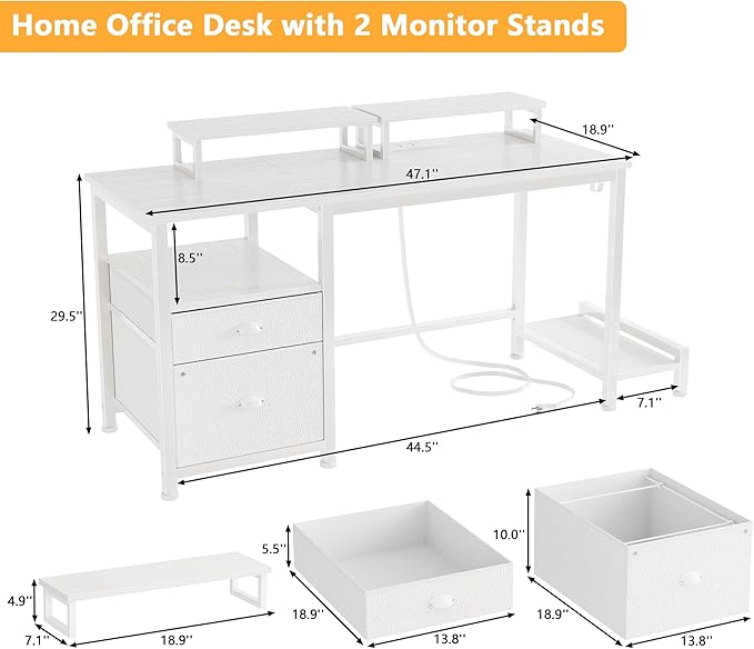 Furologee 47 Computer Desk with File Cabinet and Power Outlets Home Office Desk with 2 Monitor Stands and Storage Drawer Writing Gaming Table with Shelves and 2 Hooks for Bedroom White