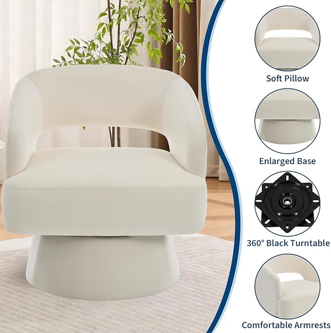 Beige Swivel Barrel Chair 360° Upholstered Accent Chair Hollowed-Out Back Modern Velvet Round Barrel Chair Cone Swivel Base Living Room Small Chair for Bedroom Reading Nook Office