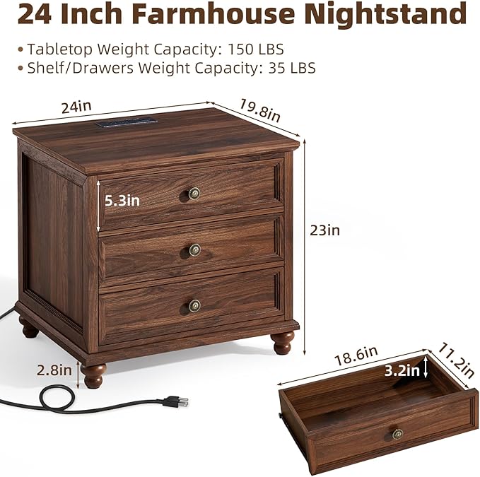 Farmhouse Nightstand with Charging Station 24 Wide End Table with 3 DrawersWood Dresser Cabinet for Bedroom Bed Side Table Chest of DrawersNight Stand for Living Room ClosetBrown