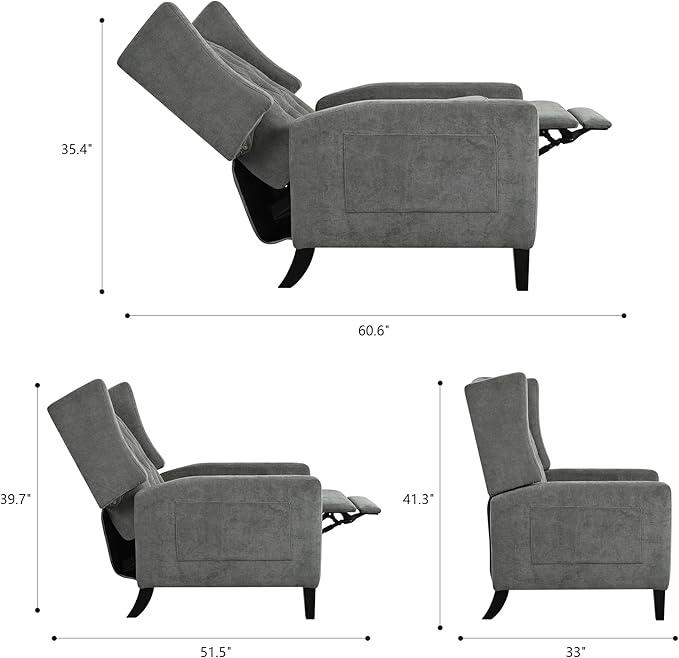 Pushback ReclinerComfortable Wingback Sofa Chair with Adjustable Backrest Tufted Fabric Upholstered ArmchairRetro Rivets Decorated Recliner for Living Room Bedroom Office Home Theater (USB Gray)