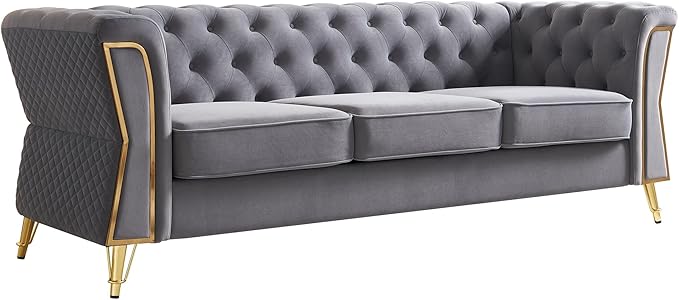 87.4 Modern Tufted Velvet Armchair with Gold Metal Legs and Unique Design of The Arms and Back 3-Seat Sofa Set with Velvet Fabric for Living Room Office Apartment Beige
