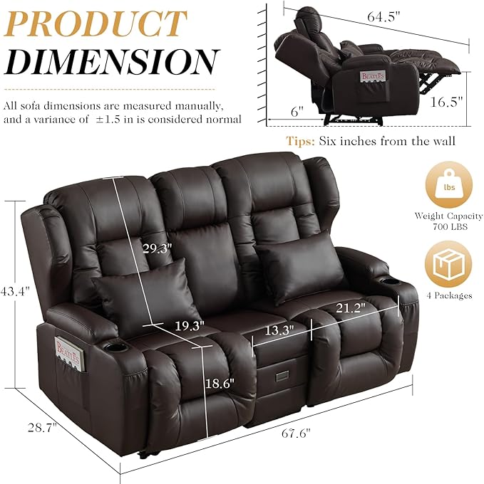 Loveseat Recliner Sofa with DIY LED LightsRV Couch Wall Hugger Recliners with Flip-up ConsoleReclining Loveseat Sofa Recliner with Smart LED Lights/Cup Holders/Lumbar PillowsRV FurniturePU Brown