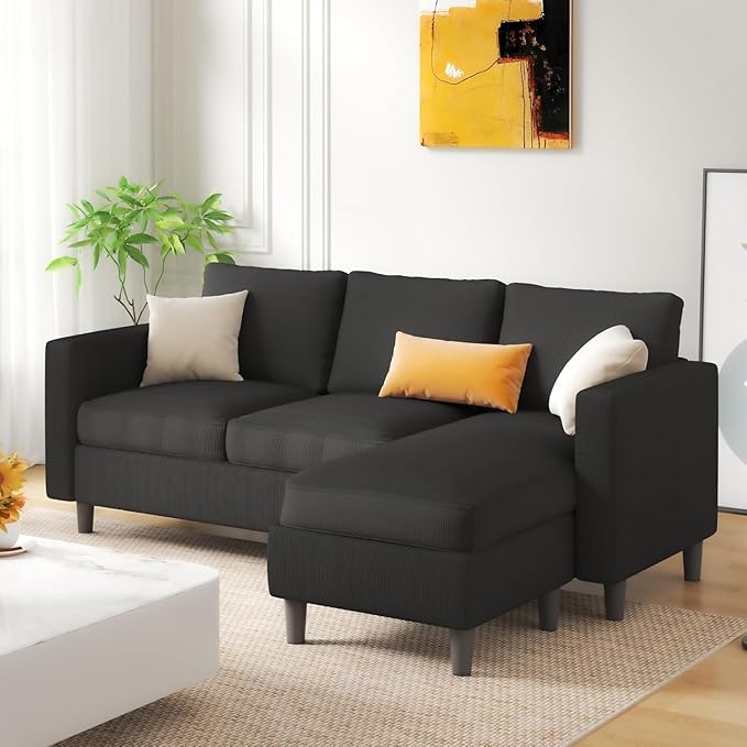 JAMFLY 3-Seat Reversible L-Shaped Sectional Sofa with Convertible Ottoman Modern Upholstered Fabric Couch for Small Living Rooms Apartments &amp Studios Black