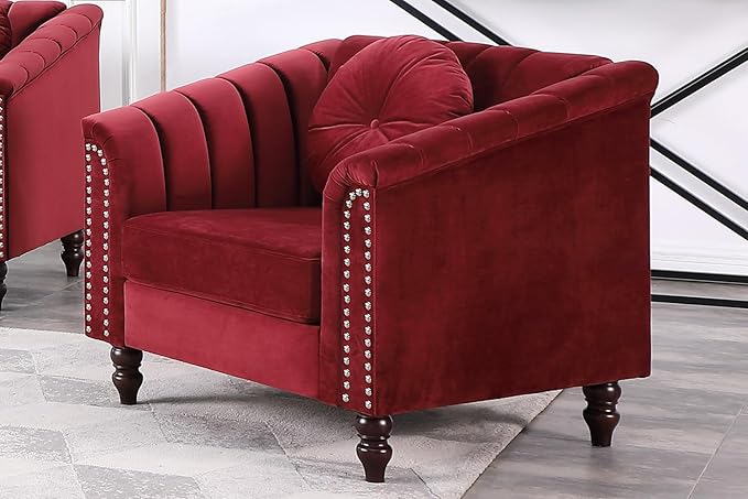 Chesterfield Chair Couch 40 Inch Luxurious Velvet Single Chair Chesterfield Settee Sofa Upholstered Rolled Arm with Rivets/Button Tufted Pillow Modern Sofa for Living RoomRed