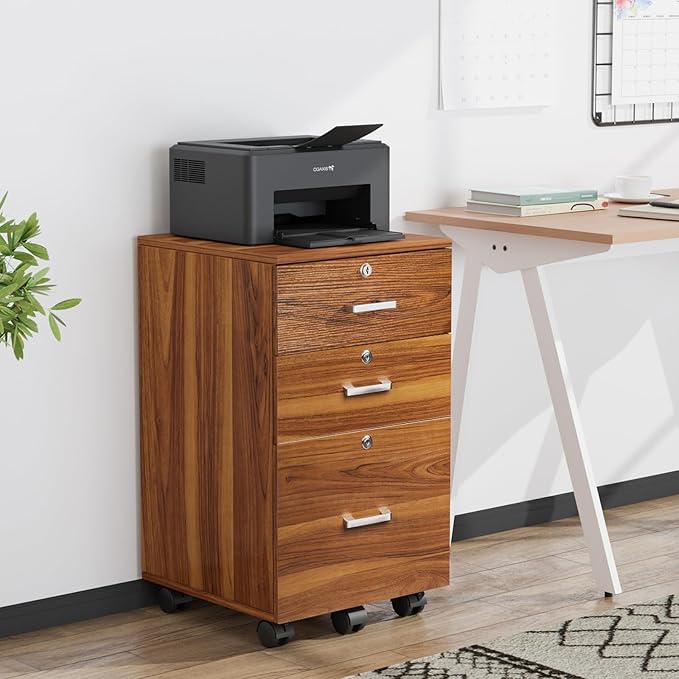 VINGLI 3-Drawer File Cabinet with Lock Wood Rolling Filing Cabinets for Home Office Mobile Printer Stand Under Desk File Organizer for Letter Sized Files 26 H(Caster Included) Walnut