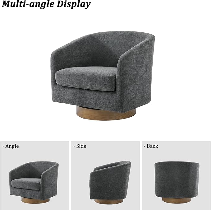 Swivel Barrel Chair Modern Round PU Leather Accent Armchair for Living Room Bedroom Oversized Comfy Club Reading Chairs for Adults (Chenille Grey Set of 2)