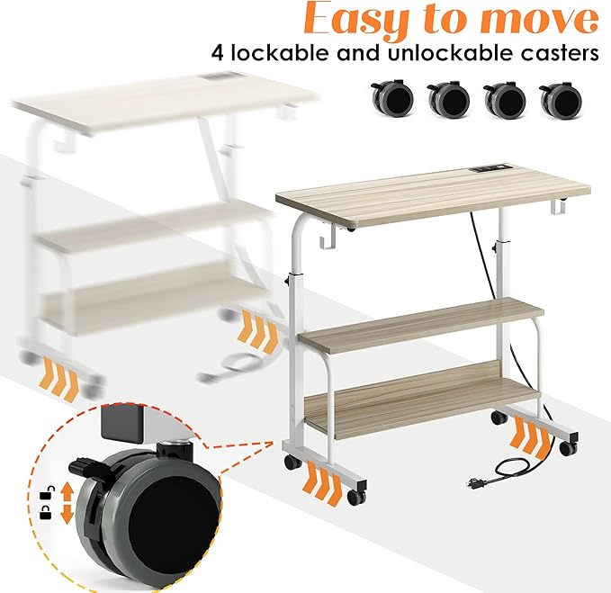 soges Height Adjustable Desk with Charging Station Mobile Computer Workstation with 2 Storage Shelves Small Rolling Desk on Wheels for Home Office Maple