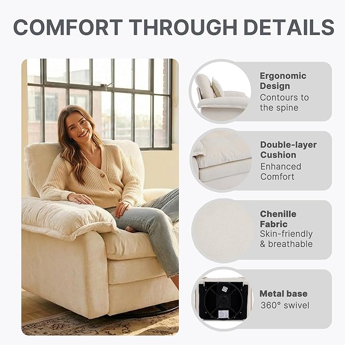 360° Swivel Accent Chair Oversized Plush Modern Chenille Armchair with Padded Seat &amp Back Comfy Spinning Chair for Living Room Bedroom Office (Beige)