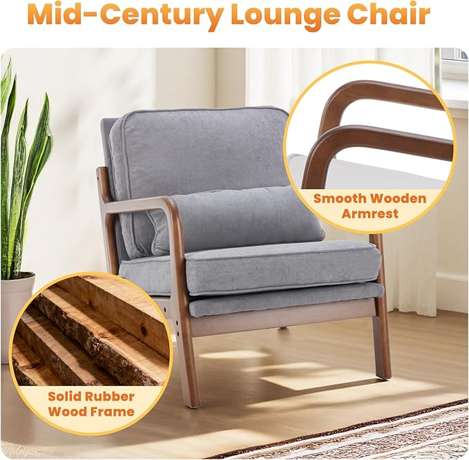 DUMOS Accent Chairs Set of 2Mid Century Modern Chair with Arms and Waist Cushion Reading Chairs for Adults Lounge Chair for Living Room and Bedroom Solid Wooden FrameClassic Grey