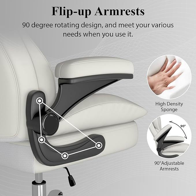 Office Desk Chair Executive Leather Office Chair High Back Ergonomic Home Desk Chair with Padded Flip-up Arms Big and Tall Computer Chair with Rocking Function 360°Swivel Free White
