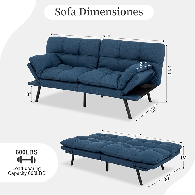 Opoiar Futon Sofa Bed Convertible Memory Foam Foldable Couch Modern Sleeper Loveseat with Adjustable Armrests&ampBackrests for Small Spaces Office Studio Apartment Dorm Game Room