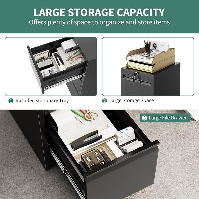 3-Drawer Lateral File Cabinet with Lock Heavy Duty Metal Filing Cabinet for Letter/Legal/A4/F4 Documents Space-Saving Vertical Office Storage Organizer for Home Office Easy Assembly Black