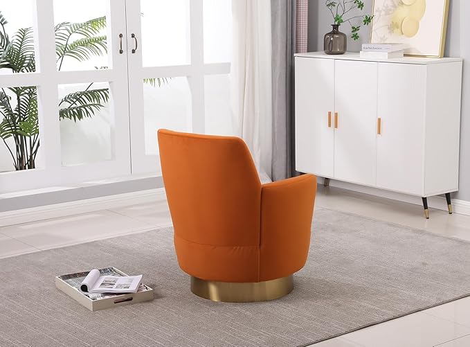 Velvet Swivel Accent Chair Upholstered Barrel Chair with Golden Base Comfy Sherpa Round Boucle Chair 362-degree Swivel Armchair for Living Room Bedroom Lounge Office Nursery Club Orange