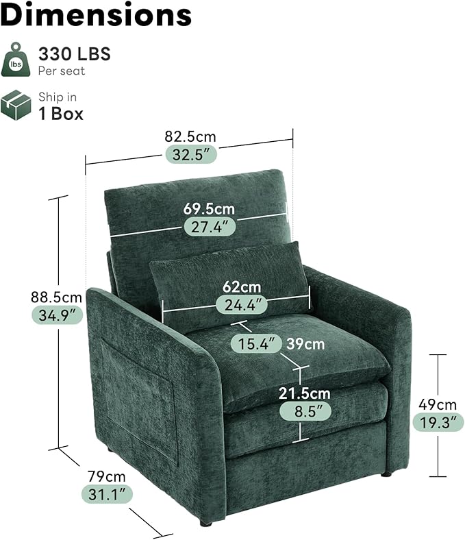Tbfit Living Room Arm Chair Set 2-Pack Modern Accent Chairs Cloud Single Sofa Spring Seat Cushion Comfy Lumber Pillow Soft Upholstered Furniture Home Apartment Green