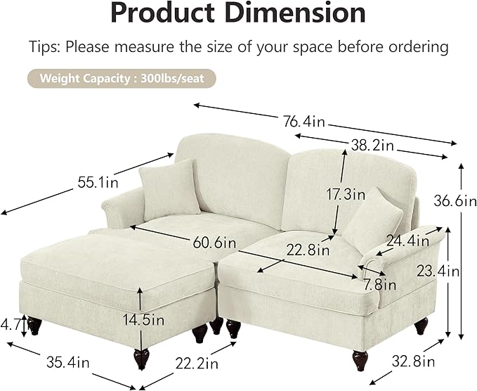 76 Chenille Loveseat Sofa for Living Room Traditional Sofa Couch with Ottoman Detachable Ruffled Skirt Flared Arms Spindle Legs Elegant Mid Century Sofa Couch for Apartment(White)
