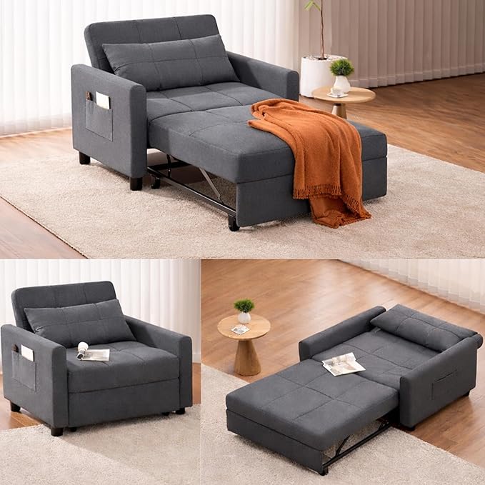 Ahomly Convertible Sofa Bed 3-in-1 Multi-Functional Sleeper Chair Bed Adjustable Backrest Recliner with Modern Linen Fabric for Living Room Bedroom Apartment Small Space Dark Grey