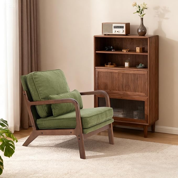 DUMOS Mid Century Modern Chair Set of 2 Accent Chair with Arms and Waist Cushion Reading Chairs for Adults Lounge Chair for Living Room and Bedroom Solid Wooden Frame Dark Green