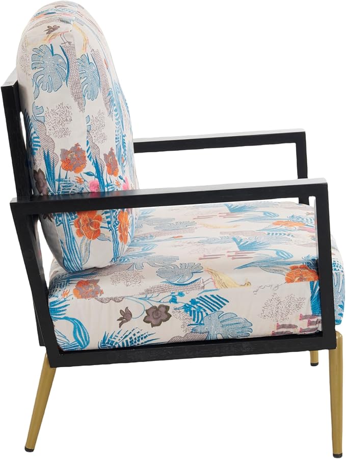 Retro Low Back Floral Print Velvet Accent Armchair with Gold Metal Legs &amp Rubberwood Frame Wide Armrest Mid-Century Lounge Chair with Pillow Back Sofa Chair for Living Room &amp Balcony Blue F