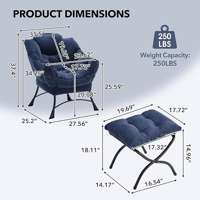 NIOIIKIT Leisure Lazy Chair with Ottoman Corduroy Upholstered Lounge Armchair with Side Pocket Comfy Reading Chair Lazy Sofa Chair for Living Room Bedroom Office (Navy Blue)