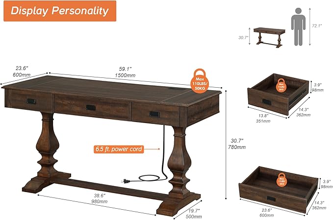 WAMPAT 60-inch Vintage Wood Home Office Desk with Stable Solid Wood Pedestral Legs Tradional Rustic Executive Desk with Deep Drawers and Power Outlets for OfficeStudyDark Walnut Brown