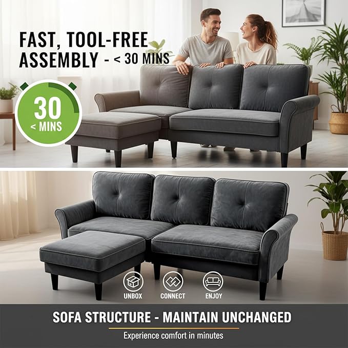 Sofas for Living Room 83 Velvet Sectional Couch with Moveable Ottoman Midcentury Modern Small Sectional Couch L Shape Sofa &amp 2 Seater Couches for Living Room Apartment Bedroom Grey