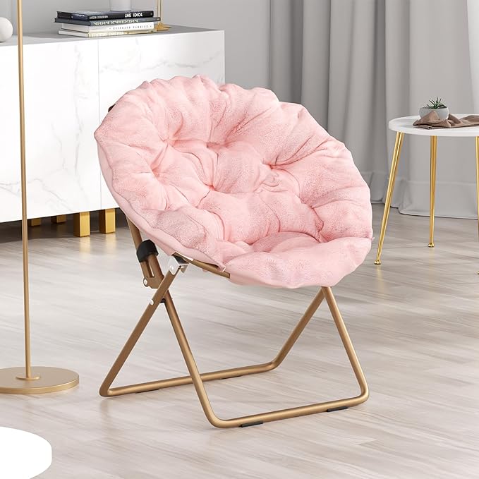 Round Comfy Saucer Chair Metal Frame Cozy Lounge Lazy Chair Folding Faux Fur Saucer Chair for Adults Foldable Papasan Moon Chair for Bedroom Living Room Dorm (Pink Seat/Gold Stand)