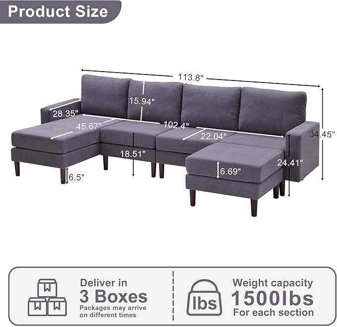 Tbfit Sectional Couch Corduroy L Shaped Sofa with Convertible Chaise &amp Ottoman Sofa Couch Solid Wood Legs for Living Room 6 Seat Grey