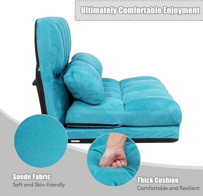 Giantex Adjustable Floor Sofa Foldable Lazy Sofa Sleeper Bed 6-Position Adjustable Suede Cloth Cover Floor Gaming Sofa Couch with 2 Pillows for Bedroom/Living Room/Balcony (Blue)