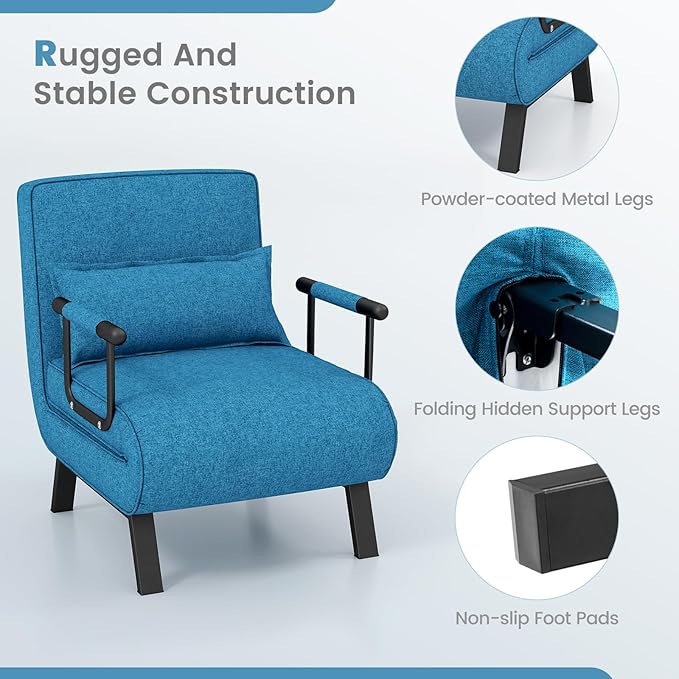 POWERSTONE Convertible Sleeper Chair Bed 4 in 1 Living Room Reading Chair with Pillow Wide Cushion Arm and Adjustable 5 Position Backrest Single Sofa Bed Blue