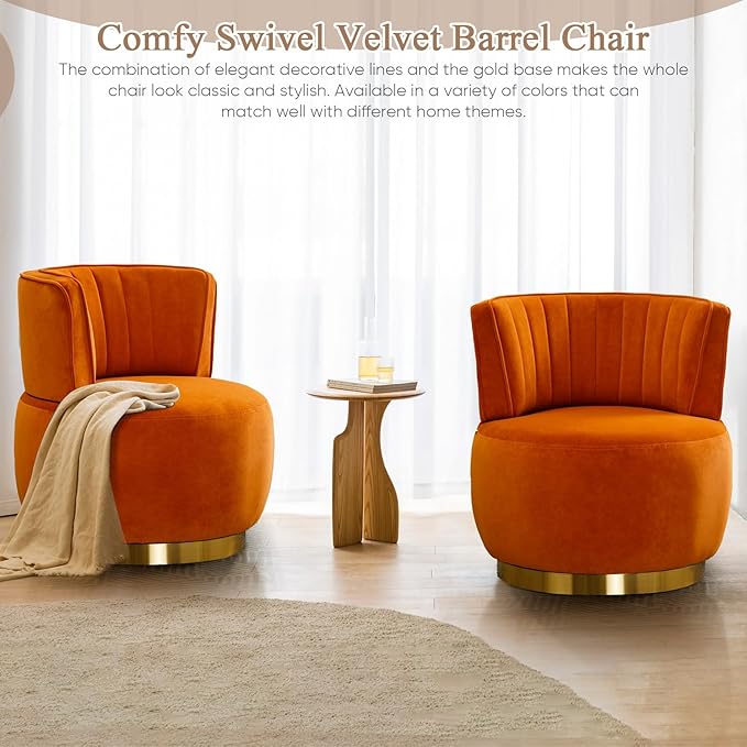 Velvet Swivel Barrel Chair Modern Upholstered Accent Chair 360° Swivel Round Lounge Chair with Gold Metal Base Comfy Arm Chair Sherpa Chair for Nursery Living Room Bedroom Club Office Orange