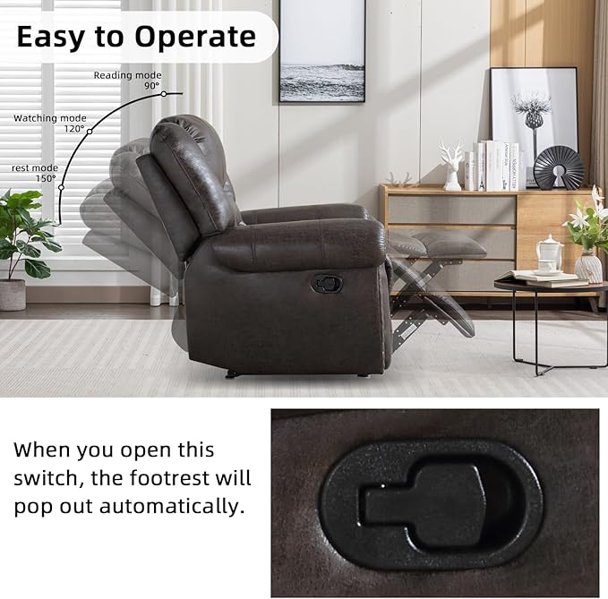 INZOY Leather Recliner Chair Heavy Duty Manual Reclining Sofa Single Lounge Sofa for Living Room Home Theater Seating Dark Grey
