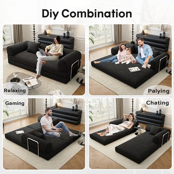 78.8 Modular Sofa Bed - 4-in-1 Convertible Design with Corduroy Fabric and High Density Sponge Removable Cover and Fixed Frame