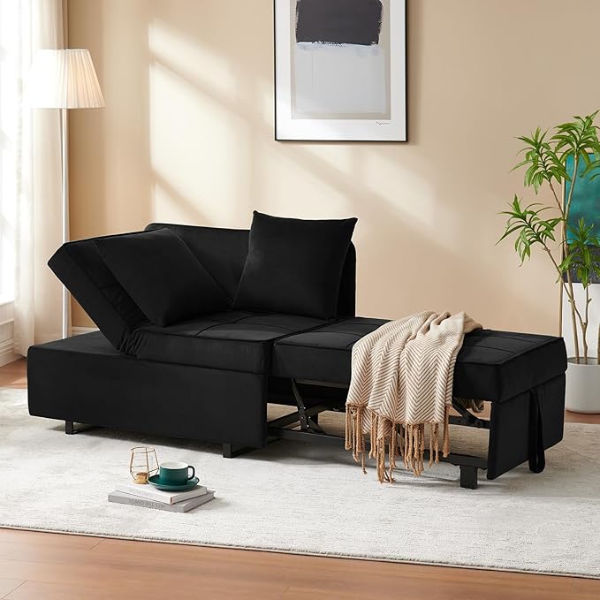 Sofa Bed 4-in-1 Convertible pull out Couch Velvet Love seat Couch Sleeper Chair Bed with 2 Throw Pillow Single Recliner with 5 Adjustable Backrests for Living Room Apartment Small Space Black